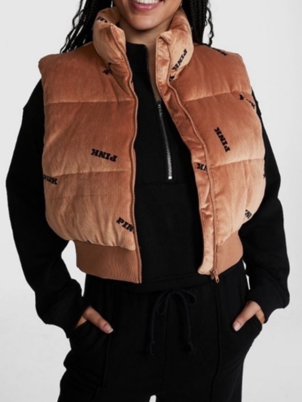 Victoria's Secret Cropped Corduroy Puffer Vest in Tan